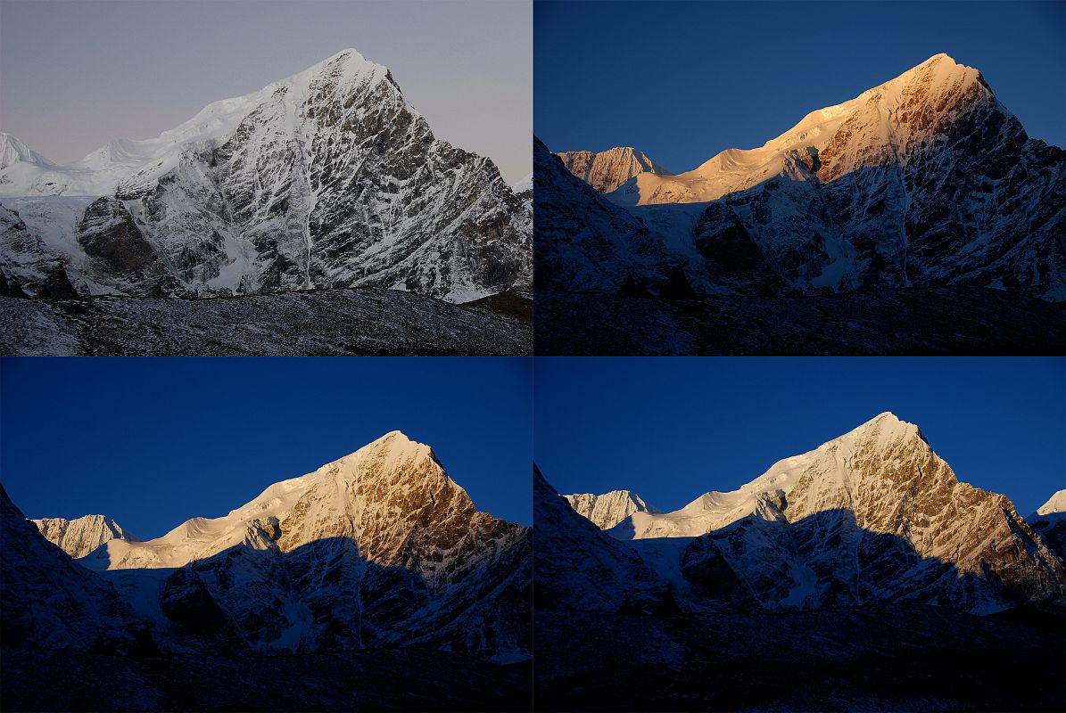 24 Eiger Peak Sunrise From Valley junction To Kong Tso Above Drakpochen The sun quickly descends Eiger Peak at sunrise from the valley junction to Kong Tso above Drakpochen.